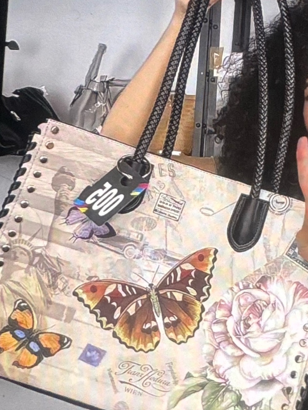 Light Pink Butterfly Print Tote Bag with Black Handles xl